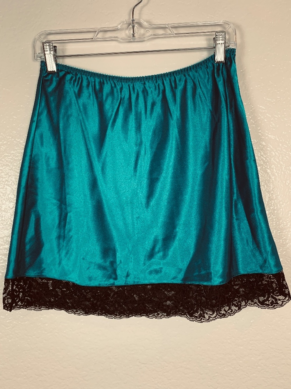 Vintage Victoria's Secret Gold Label Half Slip Small Satin Teal Blue Black Lace